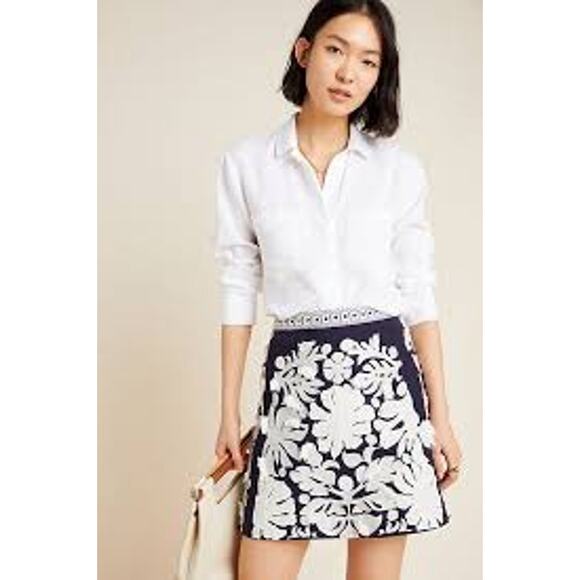 Maeve Anthropologie Liesl Fringed Mini Skirt Womens Size 4 Navy Blue Cream NWT - Picture 1 of 10
